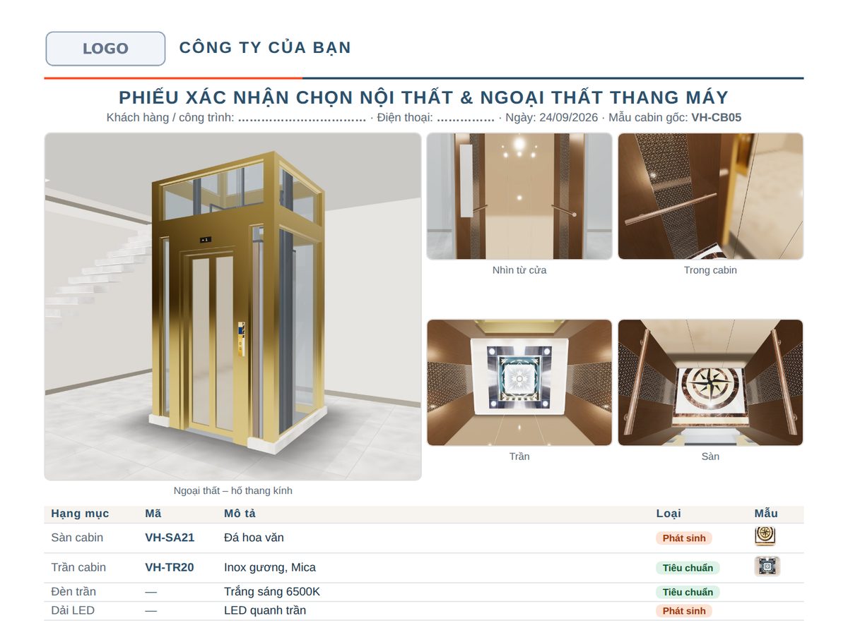 Phiếu xác nhận chọn nội thất và ngoại thất, đầu phiếu in logo và tên công ty của bạn