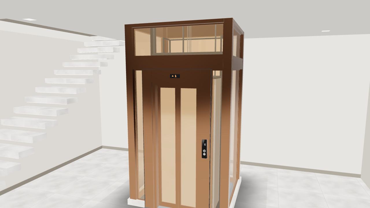 Thang máy kính ngoài trời dựng 3D, camera xoay chậm quanh hố thang